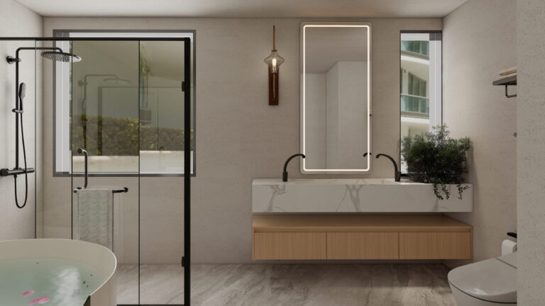 Minimalist bathroom vanity in wood laminate with white sink and rectangular mirror