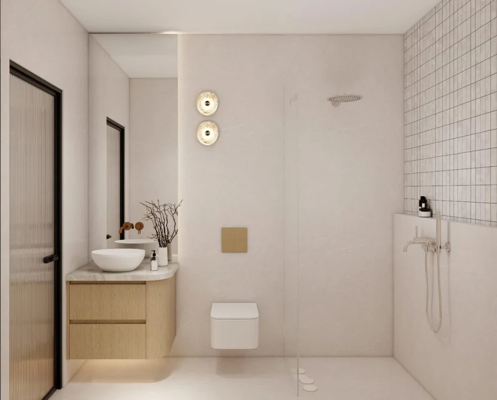 Modern bathroom vanity with light wood finish, arc edge design, grey countertop, and round sink