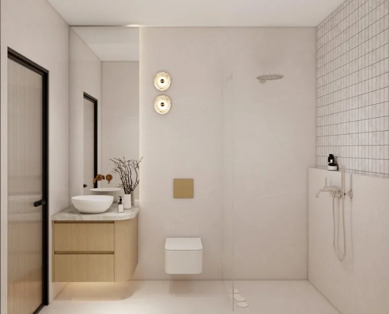 Modern bathroom vanity with light wood finish, arc edge design, grey countertop, and round sink