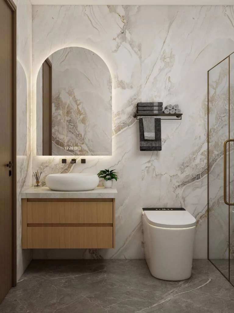 Modern bathroom vanity in wood finish with arched illuminated mirror and round sink