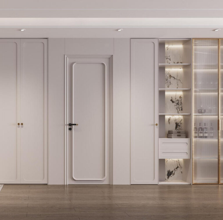 White lacquered interior door integrated with matching wall panels in a minimalist modern room