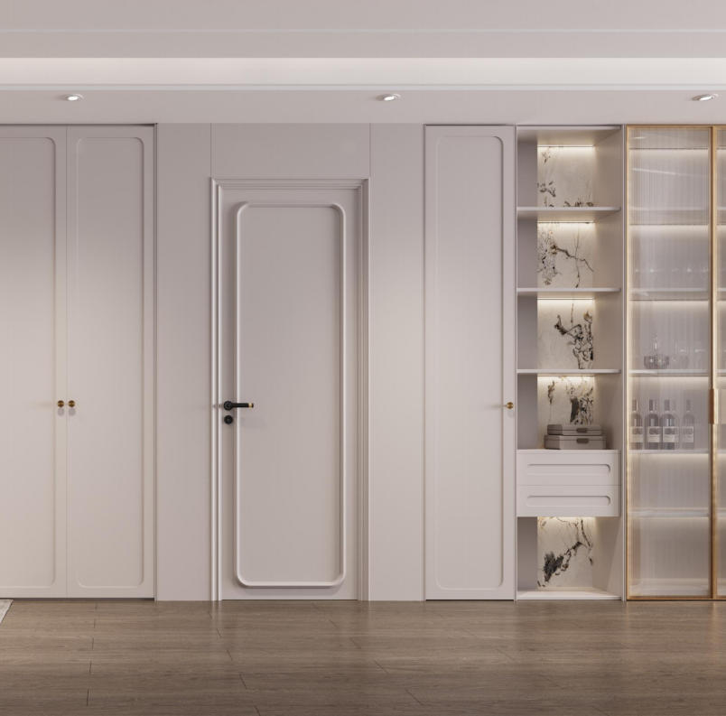 Lacquer Ecological Panels Door With Shape 1 White lacquered interior door integrated with matching wall panels in a minimalist modern room