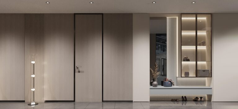ALUMINUM ECOLOGICAL DOOR 3 Ecological interior door with aluminum frame, plywood core, and vertical stripe design