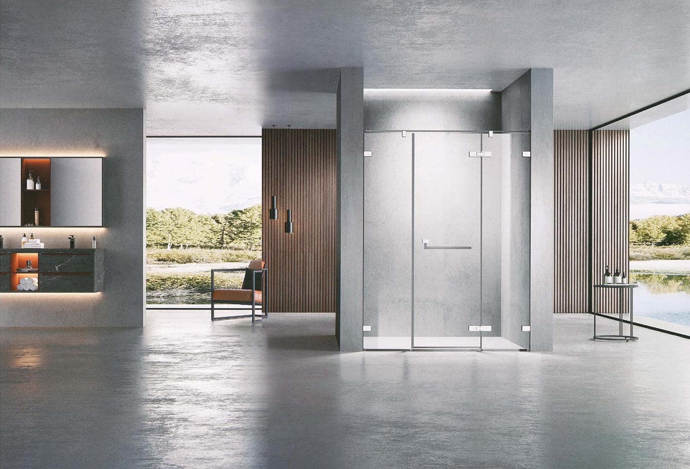 modern glass shower enclosure in open concept bathroom
