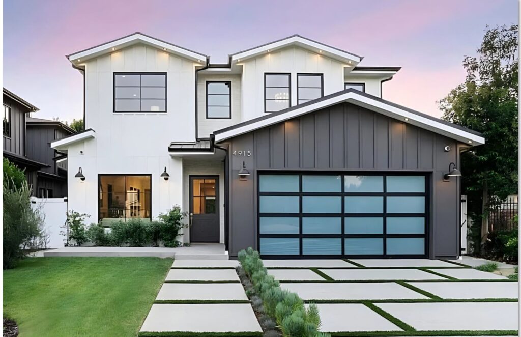 Aluminum Tempered Glass Garage Door 2 Modern tempered glass garage door with black frame and frosted glass.