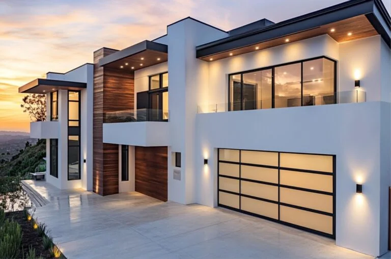 Elegant tempered glass garage door with clear glass and black frame.