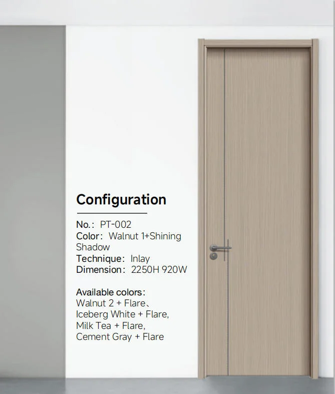 Walnut interior door with slim vertical inlay, engineered wood core and laminated surface, minimalist frame design.