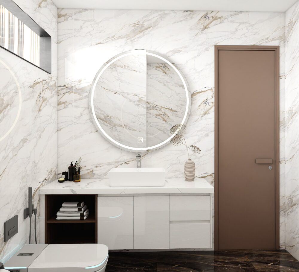 Modern white high gloss bathroom vanity with open storage and round illuminated mirror
