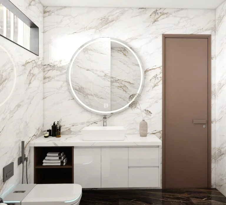 Modern white high gloss bathroom vanity with open storage and round illuminated mirror