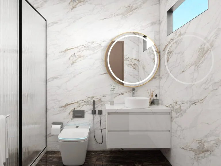 Minimalist white bathroom vanity with round mirror, and sink