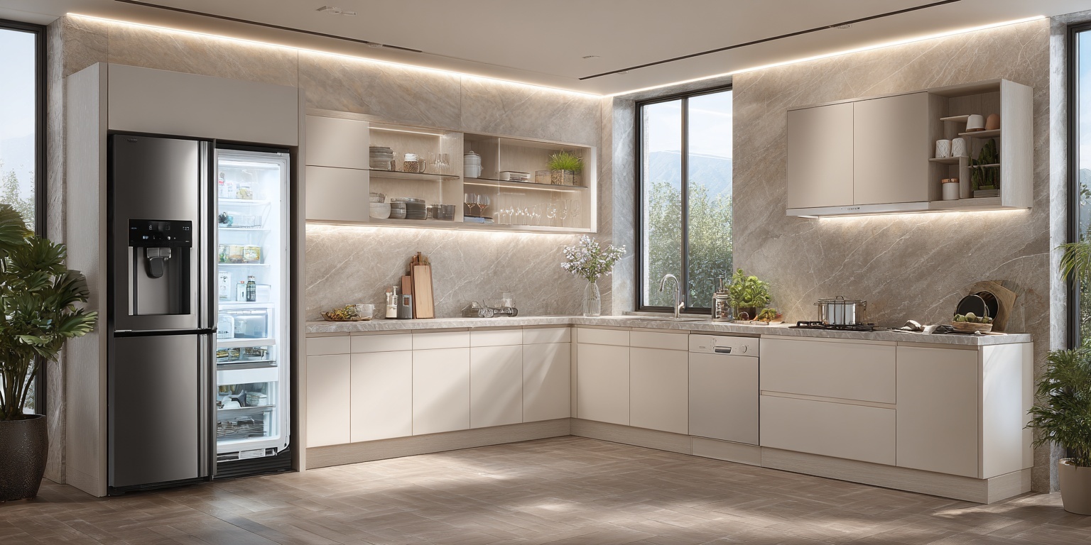 l shaped kitchen cabinets with built-in refrigerator and dishwasher