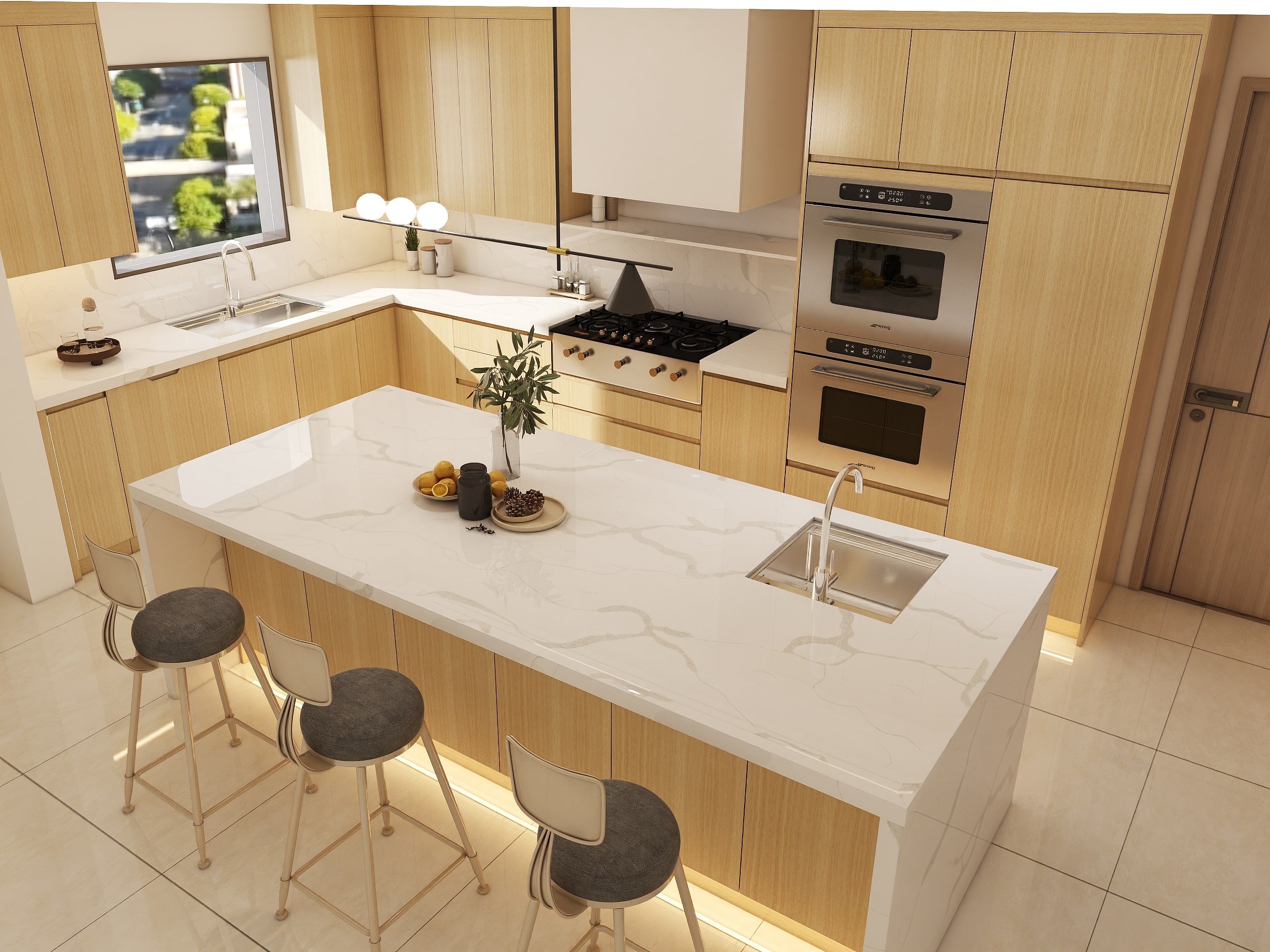 Real Wood Veneer Kitchen Cabinets 14 light-oak-tone-wood-veneer-kitchen-cabinets-2