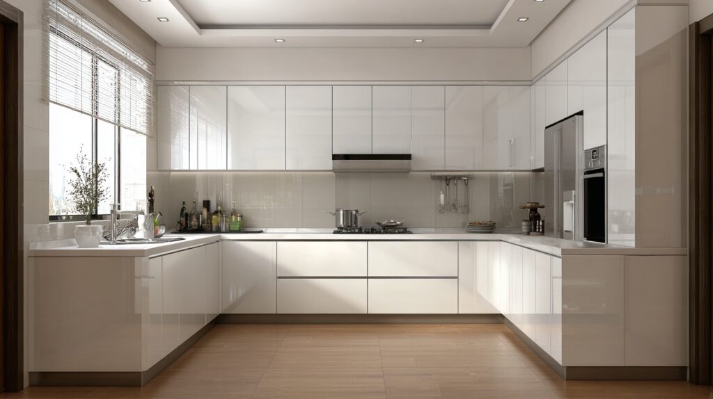 u shaped kitchen layout with white gloss kitchen cabinets
