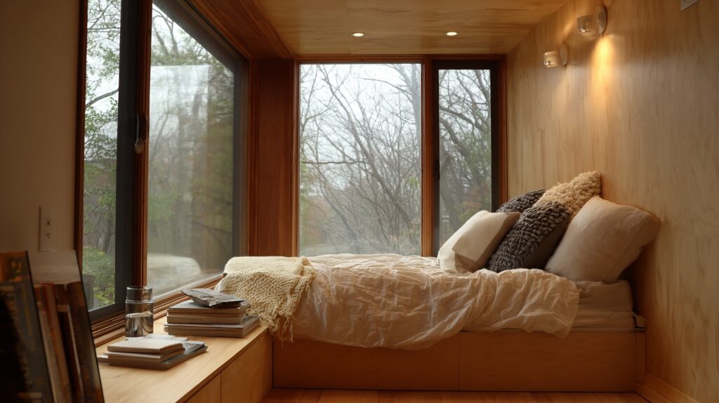 Different Types of Aluminium Windows: Performance, Design Trends, and Functional Guide 14 Cozy bedroom with a large aluminium casement window paired with fixed windows overlooking trees