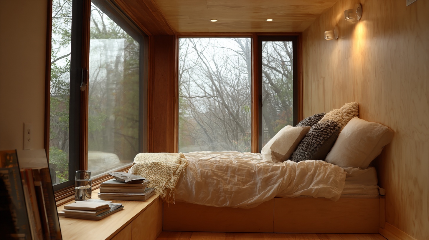 Cozy bedroom with a large aluminium casement window paired with fixed windows overlooking trees
