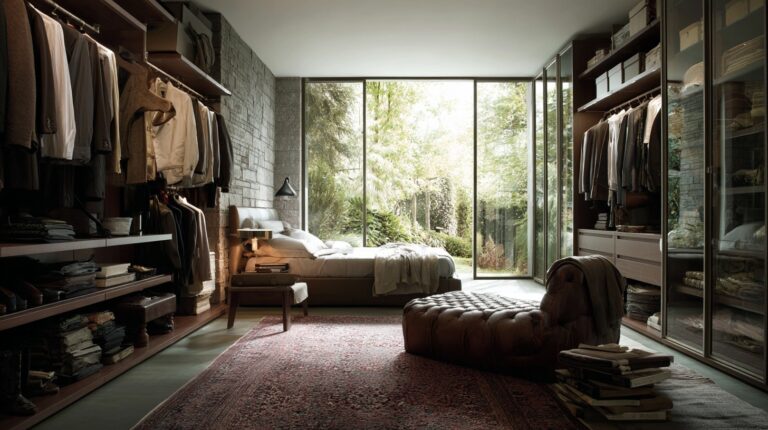 Walk-in closet with open shelving and glass doors in a modern bedroom.