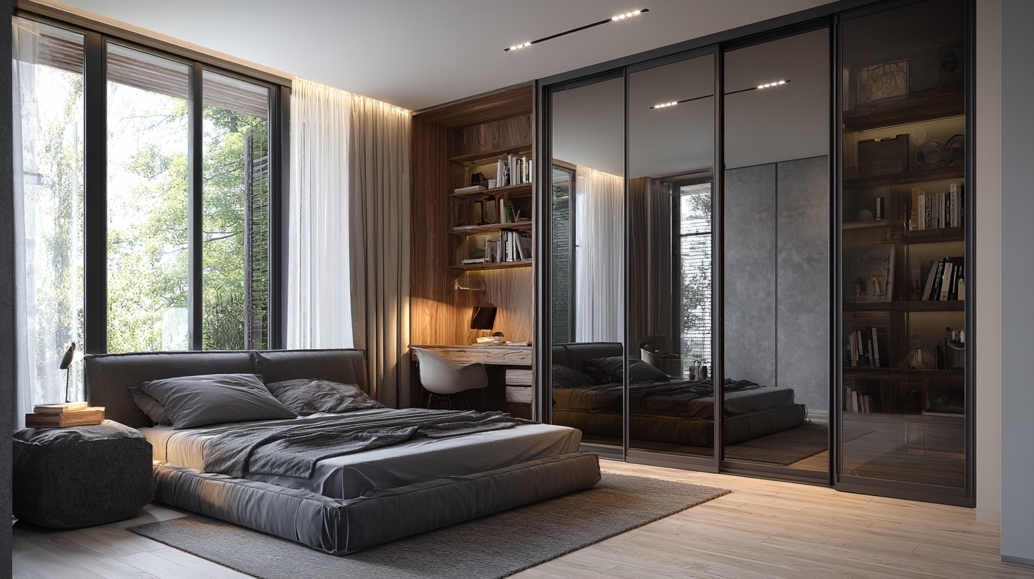 Elegant mirror sliding door wardrobe with integrated desk in a modern bedroom.