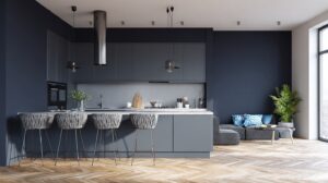 Best Wall Colors to Pair with Grey Kitchen Cabinets for Stylish Spaces 15 Modern kitchen with navy walls and cabinets.