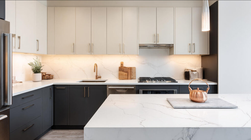 Cream Upper Kitchen Cabinets with Darker Lower Cabinets