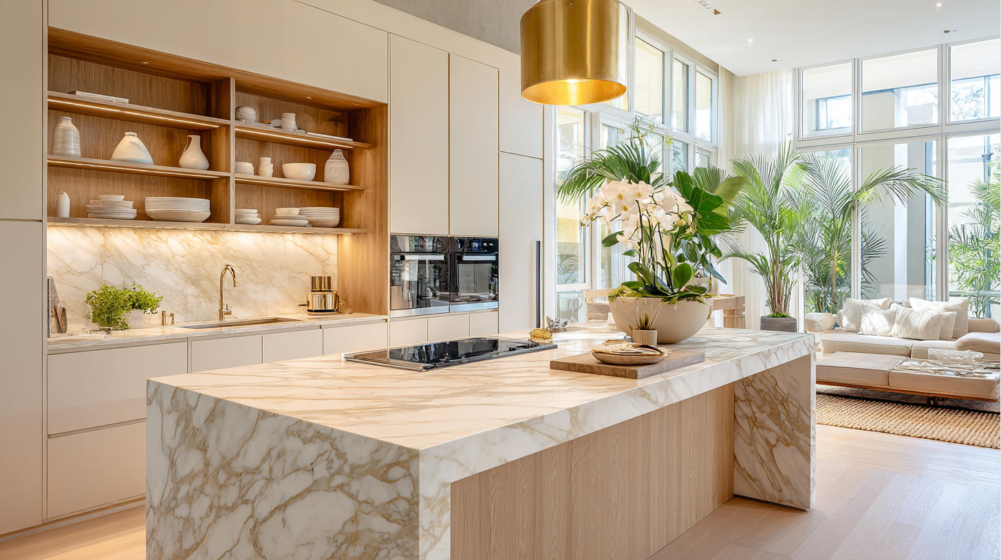 Open Concept Kitchen with Cream Kitchen Cabinets