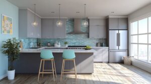 Best Wall Colors to Pair with Grey Kitchen Cabinets for Stylish Spaces 8 Soft_Blues_Wall_Pair_with_Grey_Kitchen_Cabinet