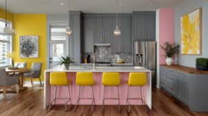 Best Wall Colors to Pair with Grey Kitchen Cabinets for Stylish Spaces 11 Unexpected_Pops_Yellow_Pale_Pink_Wall_Pair_with_Grey_Kitchen-cabinet