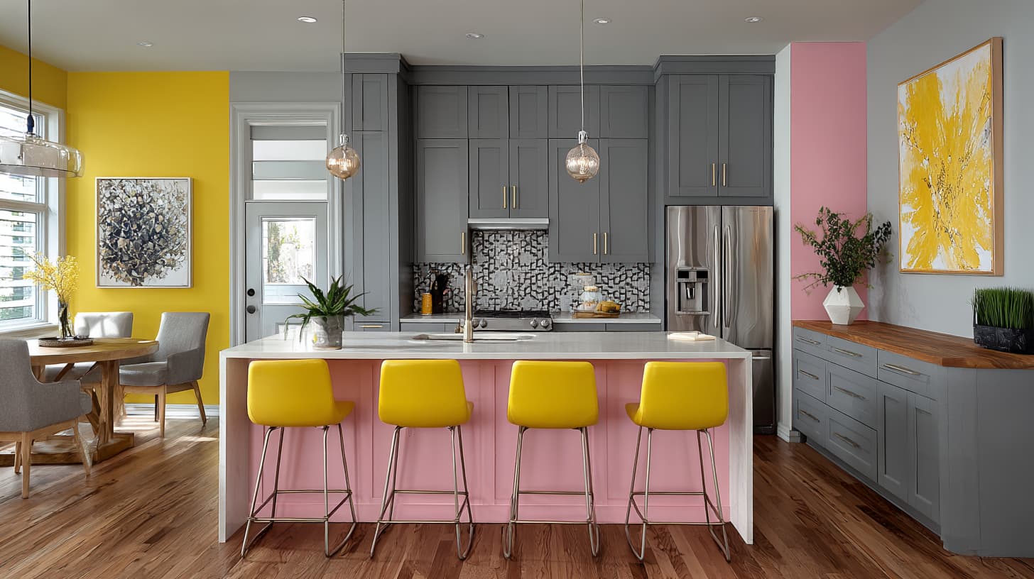 Best Wall Colors to Pair with Grey Kitchen Cabinets for Stylish Spaces 22 Unexpected_Pops_Yellow_Pale_Pink_Wall_Pair_with_Grey_Kitchen-cabinet