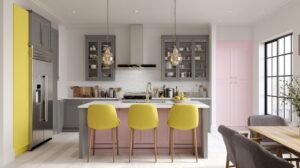Best Wall Colors to Pair with Grey Kitchen Cabinets for Stylish Spaces 6 Unexpected_Pops_Yellow_Pale_Pink_Wall_Pairwith_Grey_Kitchen-cabinet