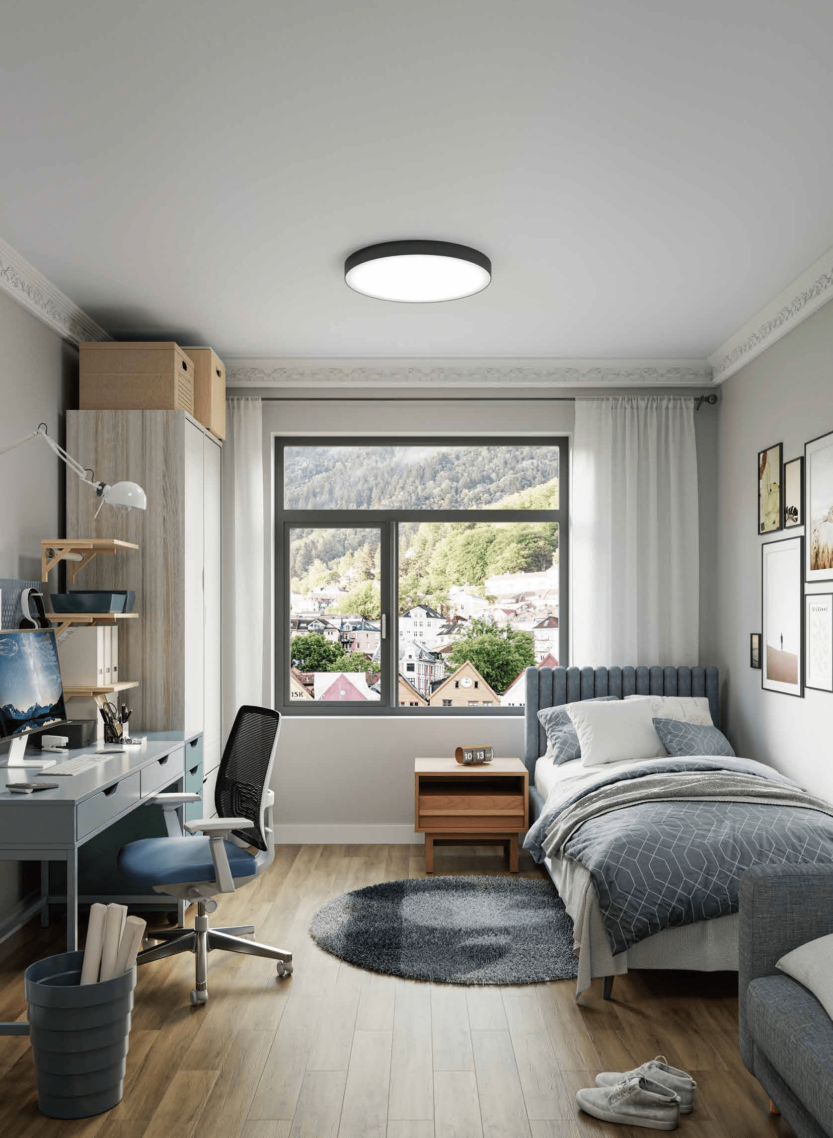 GC50 Modern Slim-Frame Aluminum Casement Window 9 A bright modern bedroom with a large aluminum casement window overlooking a scenic mountain town.