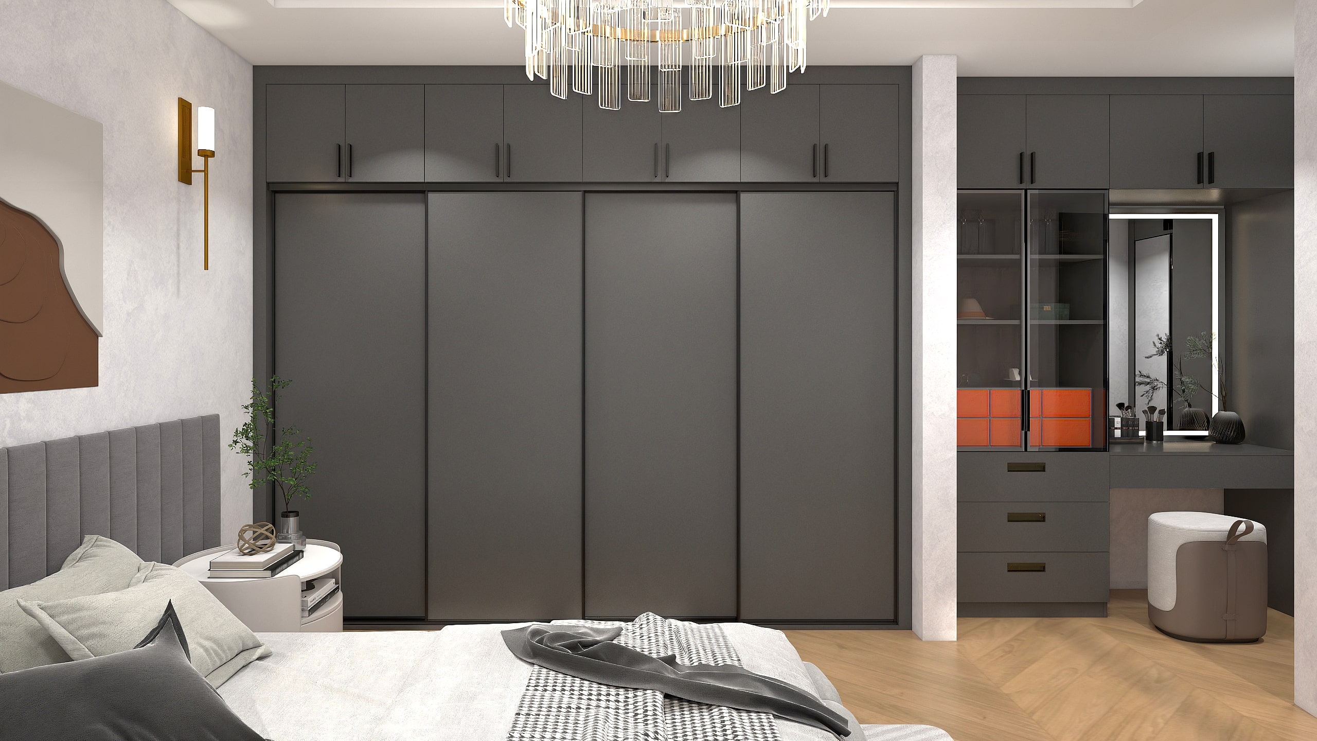 Wardrobe Color Ideas 2025: Creative and Stylish Design Trends for Your Home in in Indonesia 12 A wide view of a modern bedroom featuring a custom-built, full-wall charcoal gray wardrobe with sleek sliding doors, an integrated illuminated vanity desk, and display cabinets with distinctive orange accent drawers.