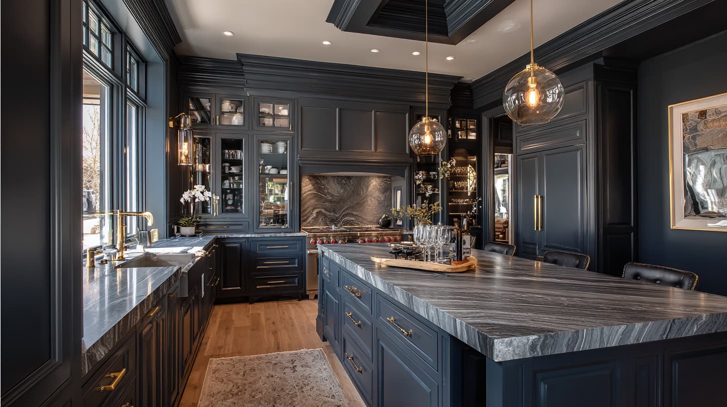 Best Wall Colors to Pair with Grey Kitchen Cabinets for Stylish Spaces 21 deep navy walls with dark grey cabinets