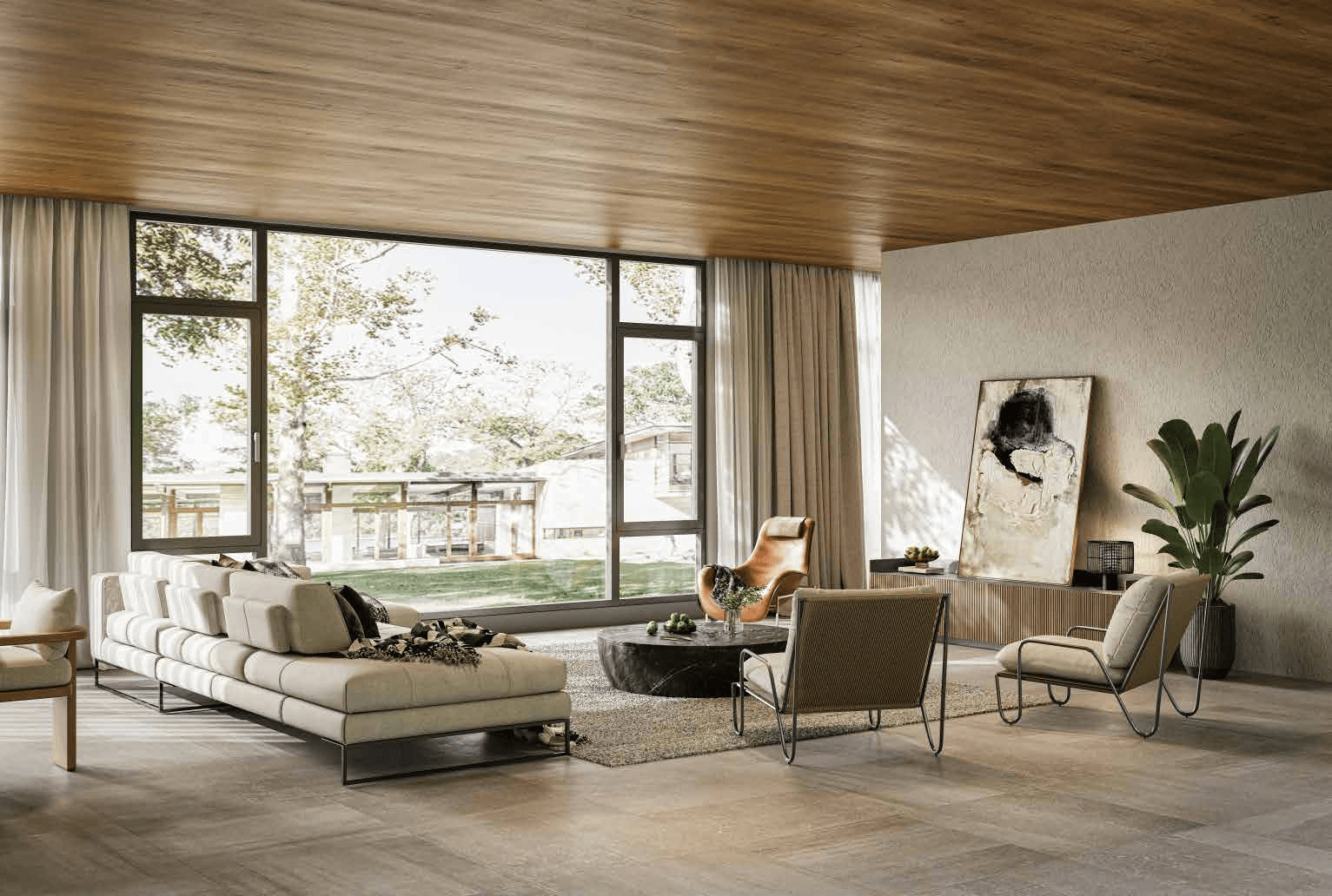 Wide-angle shot of a minimalist living room with wood ceilings and stone floors, featuring a massive wall of dark-framed aluminum casement windows and fixed panes overlooking a lush garden.