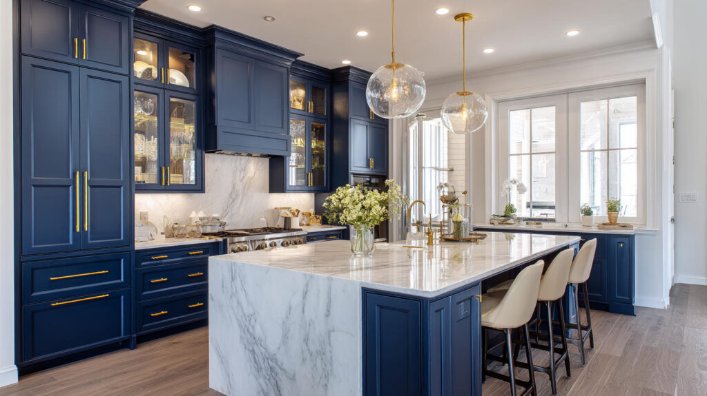 Navy Blue Kitchen Cabinets with Brass Hardware