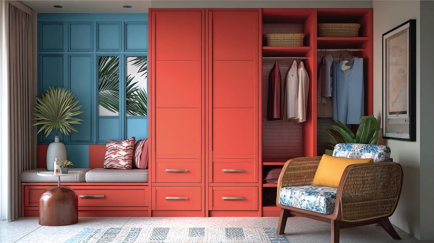 Wardrobe Color Ideas 2025: Creative and Stylish Design Trends for Your Home in in Indonesia 8 Coral Red and Ocean Blue wardrobes
