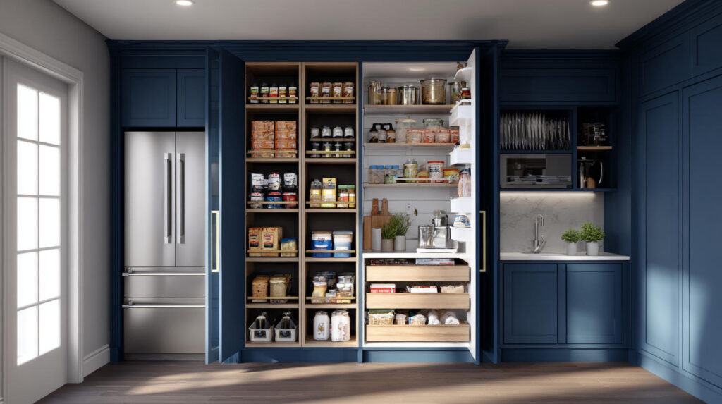 Navy Blue Kitchen Cabinets in Pantry Wall Design