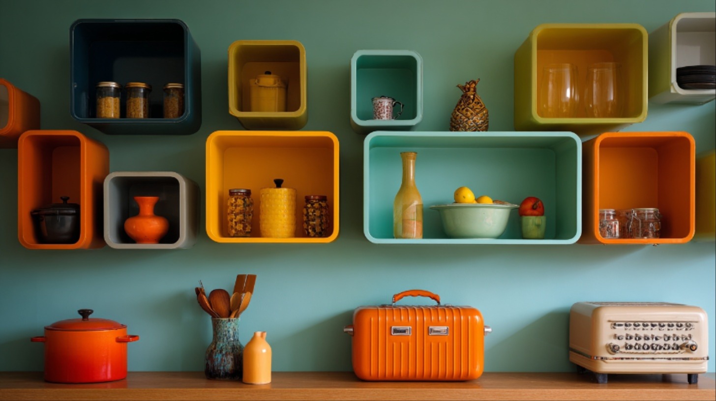 Rak dapur dengan desain berbentuk geometris retro