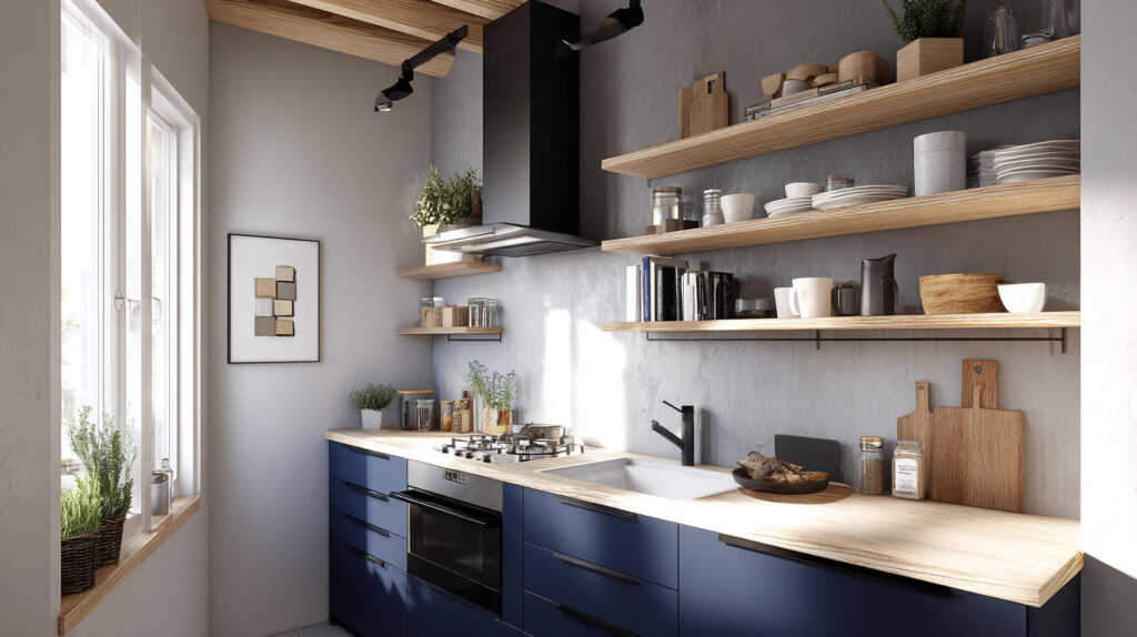 Navy Blue Kitchen Cabinets with Open Shelves