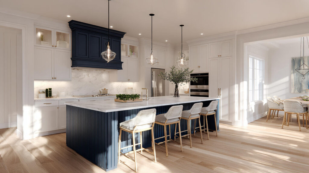 A Navy Blue Kitchen Cabinets Feature in Open Spaces