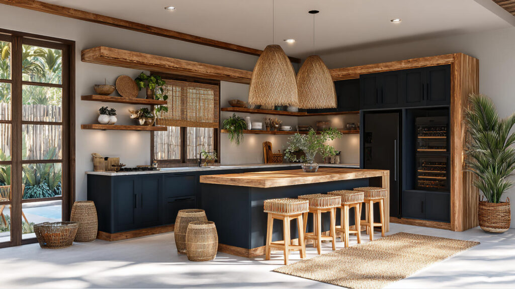 Navy Blue Kitchen Cabinets Paired with Natural Wood