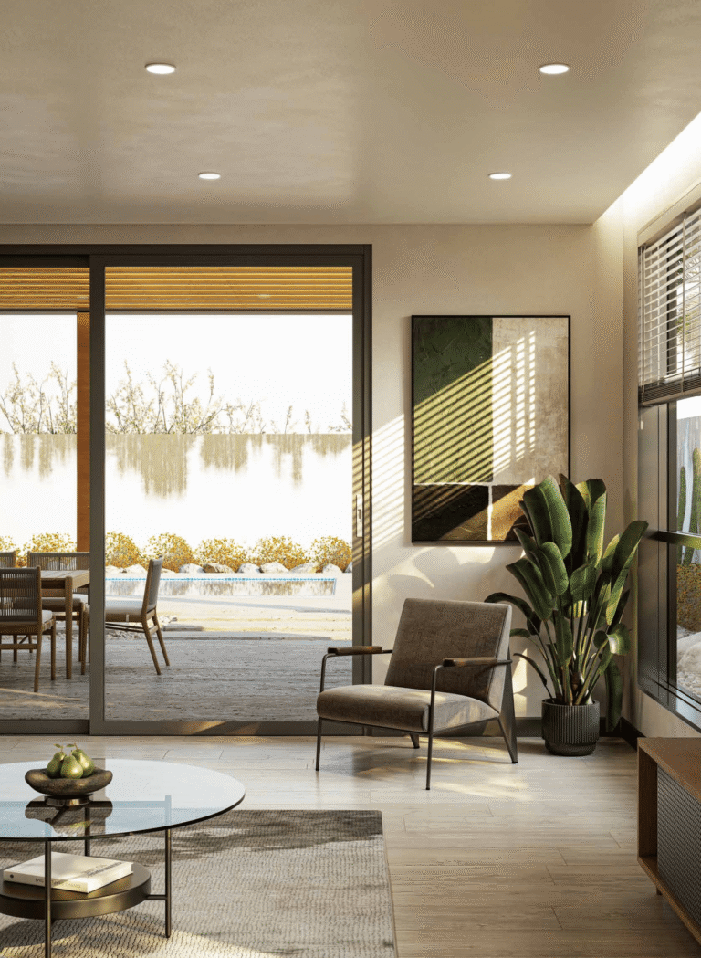 Grey aluminium sliding doors connecting a contemporary indoor seating area to an outdoor patio and pool.