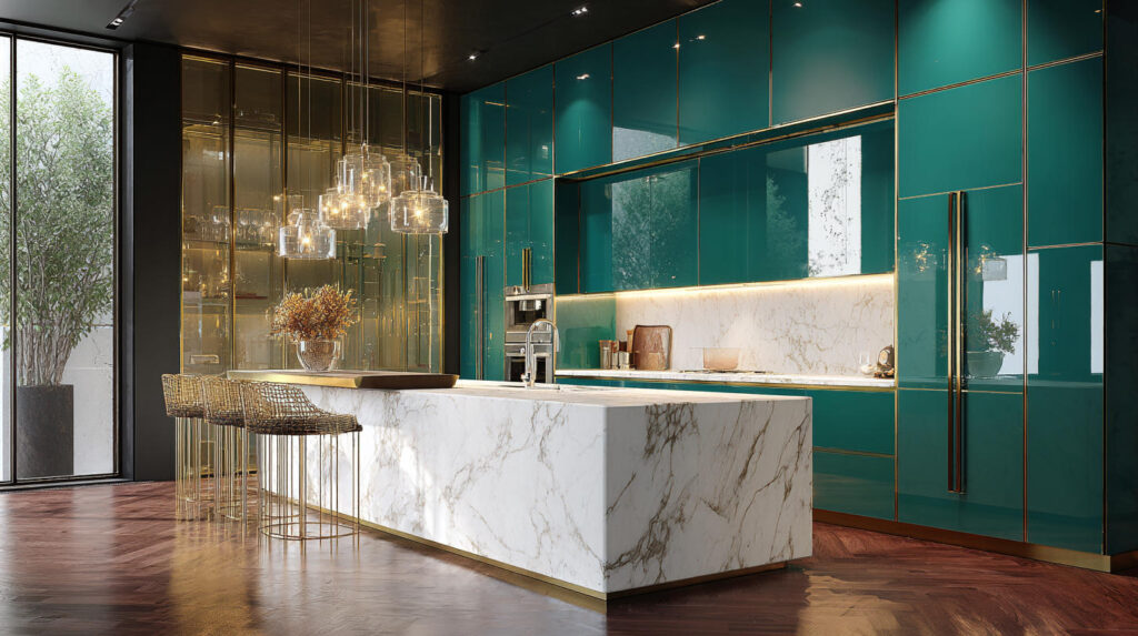 Top 10 Cabinet Manufacturers in USA 2026 Expert Guide 1 Reflective emerald green high-gloss handleless cabinets with marble waterfall island in a contemporary luxury kitchen, by PA HOME.