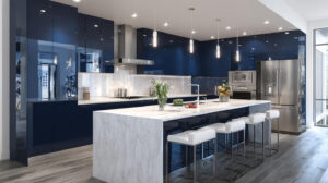Handleless Kitchen Cabinet Design: A Modern Trend in Indonesia 12 Reflective navy blue high-gloss handleless cabinets in a contemporary luxury kitchen, by PA HOME.
