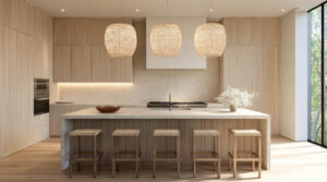 Handleless Kitchen Cabinet Design: A Modern Trend in Indonesia 11 Natural oak wood veneer handleless cabinets in a warm minimalist kitchen, by PA HOME.