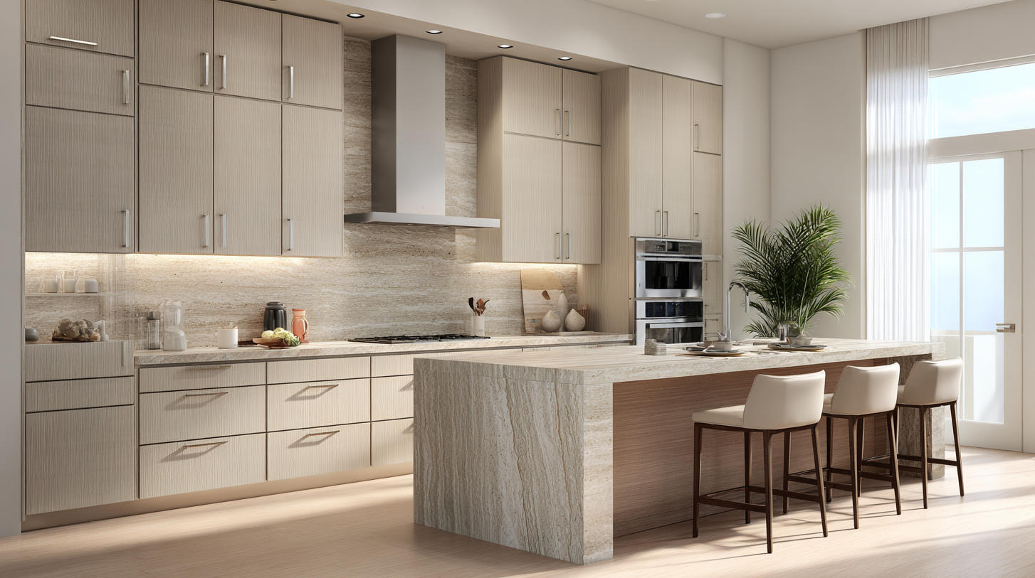 10 Top Custom Cabinet Manufacturers in Brunei 7 Light beige linen-finish custom cabinet with wood island, in a serene minimalist luxury kitchen by PA HOME.