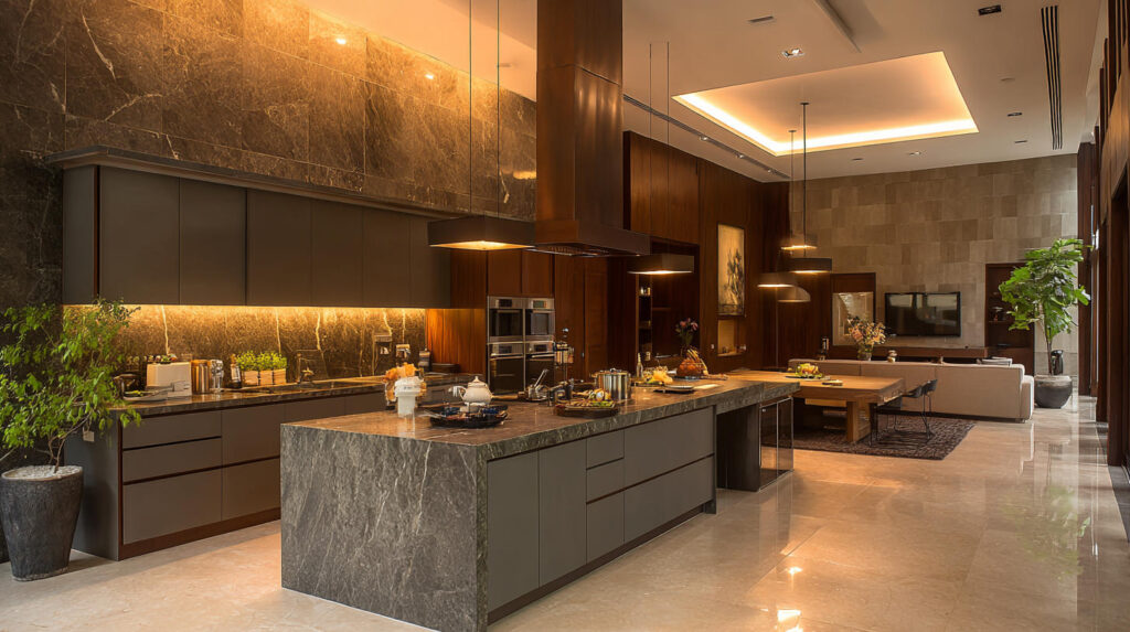 Modern kitchen cabinets with island in an open-plan Indonesian home by PA HOME.
