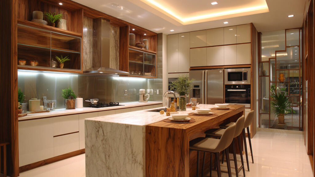 Modern kitchen cabinets with island in a semi-open kitchen layout by PA HOME.