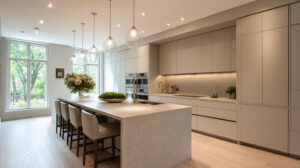 Handleless Kitchen Cabinet Design: A Modern Trend in Indonesia 13 Soft taupe textured matte handleless cabinets with terrazzo countertop in a sophisticated kitchen, by PA HOME.