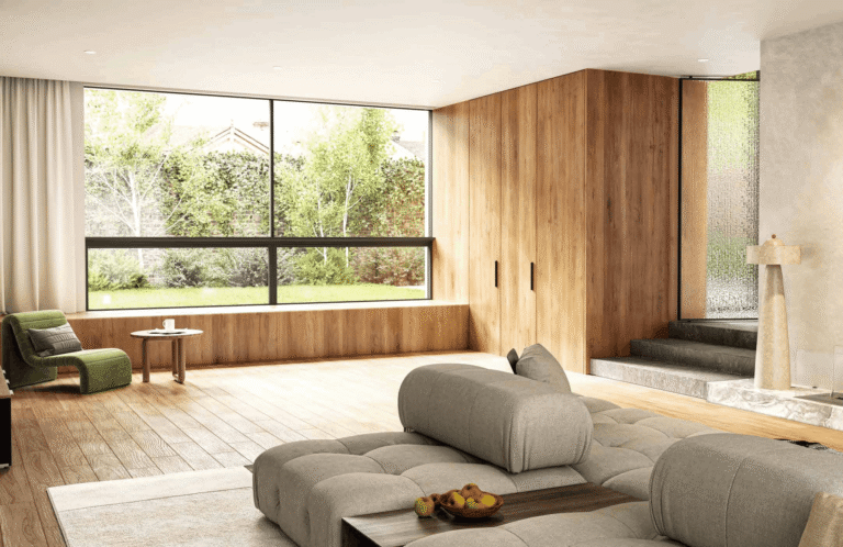 Aluminium sliding window in a modern living room with a garden view