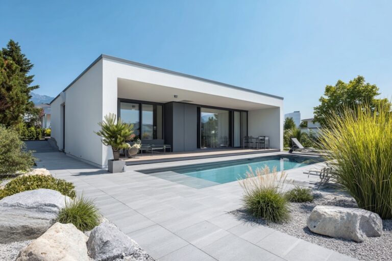 Modern villa with large aluminium casement door and scenic pool view.