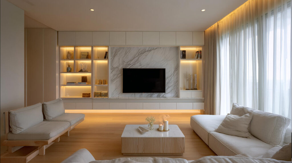 Top Custom Furniture Trends in Indonesia 1 PA HOME custom built-in TV wall system with closed storage cabinets and open display niches, floor-to-ceiling cabinetry with integrated lighting creating a complete and clutter-free living room interior.
